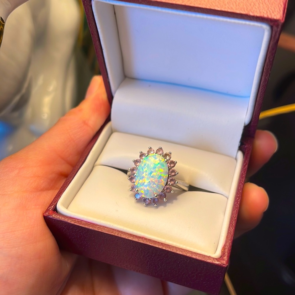 Helzberg Diamonds pink topaz and lab created opal ring size 7/8